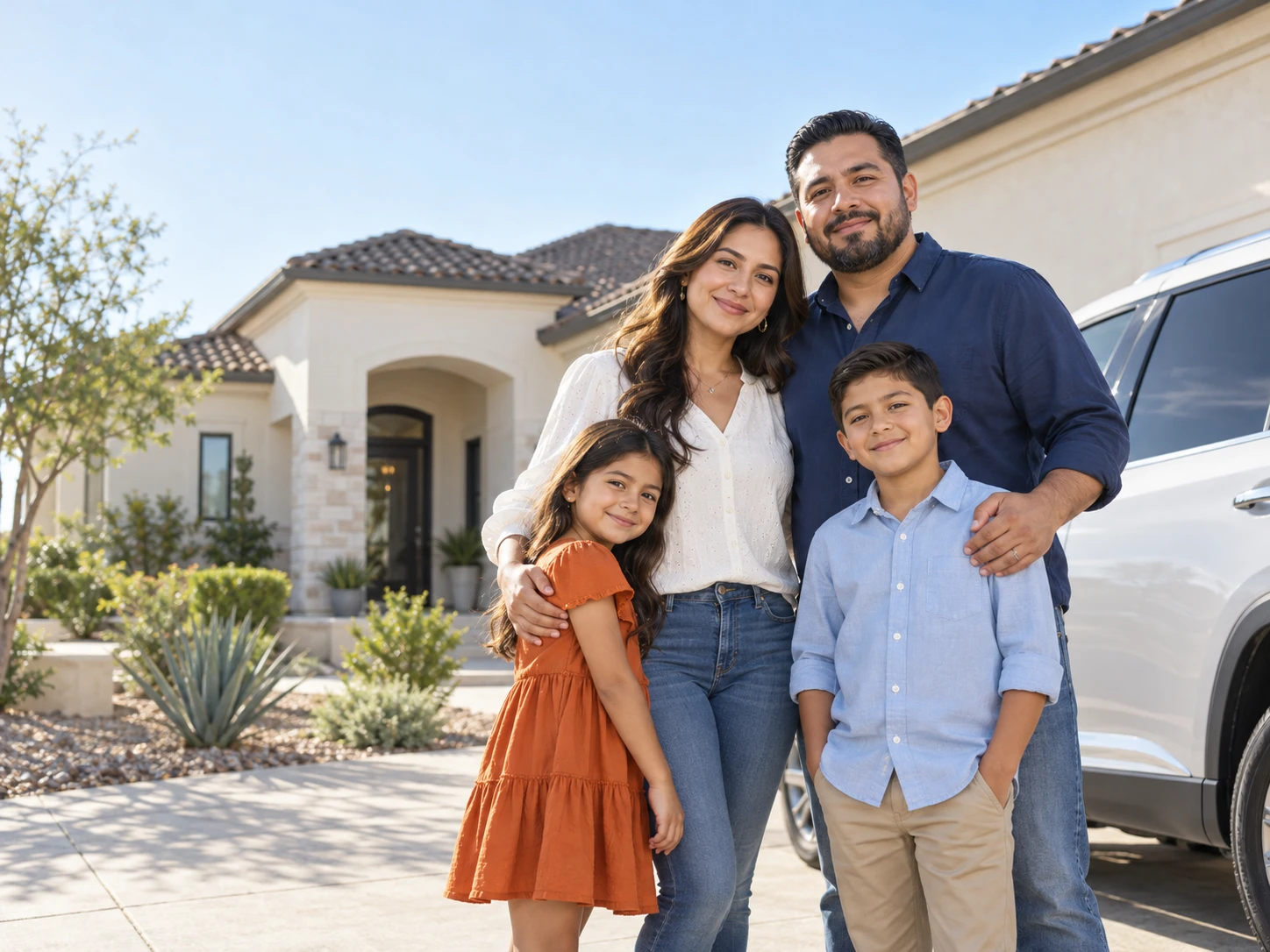 A family of four standing in their driveway in front of their home and SUV